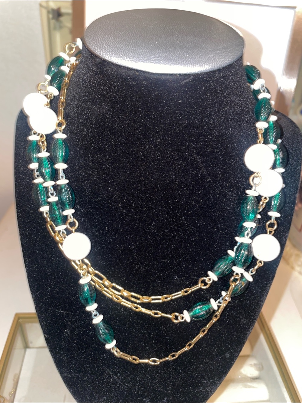 Multi-Strand Green Bead and Gold Chain Necklace with White Discs